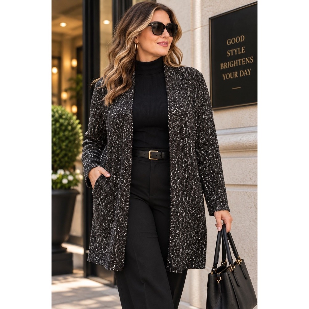 J.Jill Women's 2X Black Silver Metallic Open Front Knit Cardigan Longline